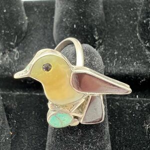 Sterling Silver Hummingbird Ring with mother of pearl, black onyx, turquoise.